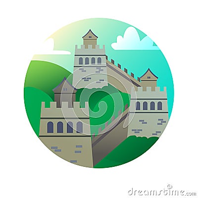 Chinese Wall flat color icon. Chine historical sights Vector Illustration